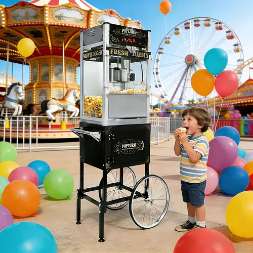 Miniatura 18 de Máquina comercial de palomitas de maíz, 20 onzas con carrito y ruedas, máquina para hacer palomitas de maíz con hervidor de acero inoxidable
