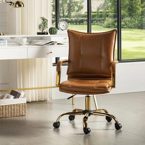 Miniatura 20 de HULALA HOME Silla de escritorio de piel sintética para oficina en casa, silla giratoria ajustable para computadora con patas y brazos dorados, Patas