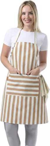 Miniatura 10 de TOSHEX Delantal de cocina de algodón resistente a las gotas de agua con delantales ajustables para mujeres con bolsillos, delantal de cocina
