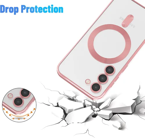 Miniatura 5 de Funda magnética para Samsung Galaxy S23, borde galvanizado, parte trasera transparente, funda protectora delgada con protección de cámara, Rosa