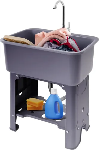 Miniatura 11 de Fregadero de lavandería de plástico independiente blanco con tabla de lavadero, fregadero de utilidad para interiores y exteriores con grifo de agua
