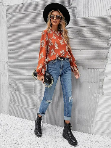 Miniatura 5 de Floerns - Blusa de chifón georgette de manga larga con estampado floral y cuello alto