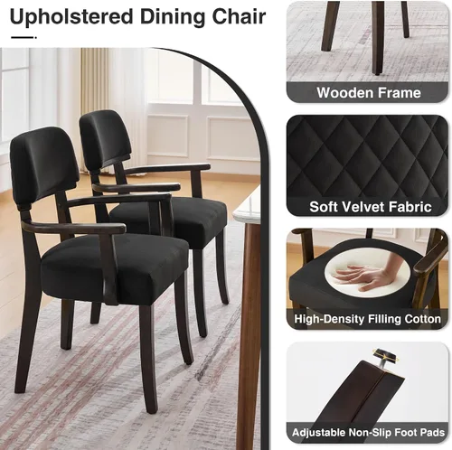 Miniatura 4 de adochr Sillas de comedor de terciopelo con brazos, sillas de comedor tapizadas con patas de madera dura y respaldo curvado abierto, sillas de cocina