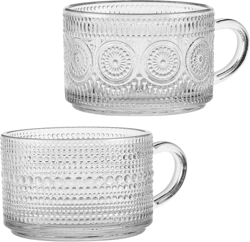 Bandesun Tazas de café de vidrio vintage, 14 onzas, juego de 2 – apilables en relieve, cristalería con asa, para capuchino, latte, cereales, yogur,
