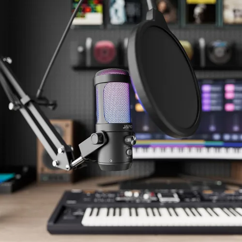 Miniatura 9 de JARO Micrófono USB para podcast con brazo de brazo, micrófono de condensador de estudio con monitoreo en tiempo real, silencio, control de volumen