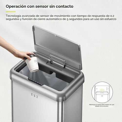 Miniatura 5 de Cubo de basura EKO Vintage de 50L / 13.2 galones con sensor de movimiento, con doble compartimento de 32L + 18L, bote de basura de acero inoxidable