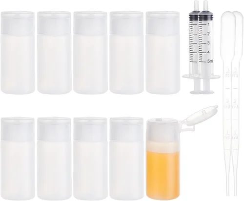 Miniatura 7 de BENECREAT 10 botellas de 12 ml/18 ml/30 ml de plástico para artículos de aseo de viaje, botellas con tapa abatible, recipientes de muestra