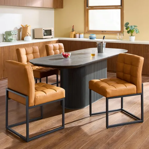 Miniatura 5 de GrandNoor Brown Faux Leather Dining Chairs Set of 2, Mid-Century Modern Dining Room Chairs with Armless, Checkered Kitchen Chair with Metal Legs