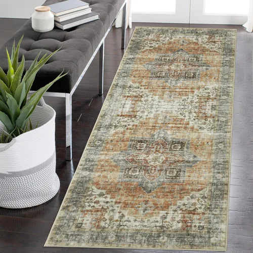 Miniatura 32 de COZYLOOM Alfombra de área de 2 x 6 pies, tribal, envejecida, para entrada, medallón vintage, alfombra para interiores, alfombra de pelo bajo, suave