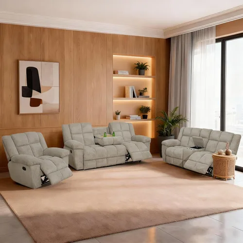 Miniatura 4 de Juego de sofá reclinable seccional con almacenamiento, juegos de muebles de pana para sala de estar, juego de sofá reclinable con portavasos, Beige