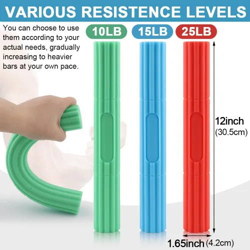 Miniatura 3 de Barra flexible para terapia de codo de tenis y golfistas, 3 niveles de resistencia, alivia la tendinitis, dolor de muñeca y antebrazo, mejora
