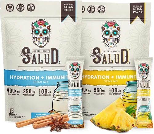 Salud - Paquete de 2 | Hidratación 2 en 1 + inmunidad (horchata) e hidratación + inmunidad (piña) – 15 porciones cada una, mezcla de bebida Agua