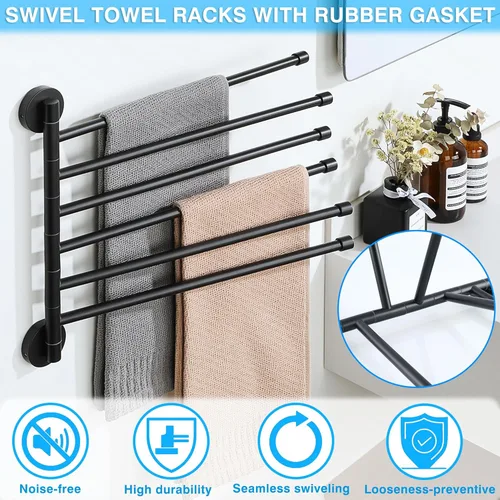 Miniatura 6 de Alise Toallero giratorio, plegable de 6 brazos, toallero de mano para baño, estantes de secado de montaje en pared para lavandería, soporte de Negro