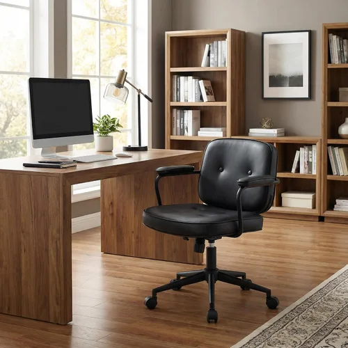 Miniatura 9 de LukeAlon Silla de escritorio ajustable de piel sintética, silla giratoria de 360° negra con reposabrazos, asiento grueso, botones y ruedas