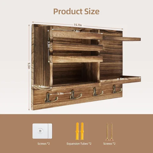 Miniatura 3 de Porta Llaves de Pared, Organizador de Llaves y Correo de Madera Sólida para Pared (Autoadhesivo o con Taladro), 8 Ganchos para Llavero para Entrada