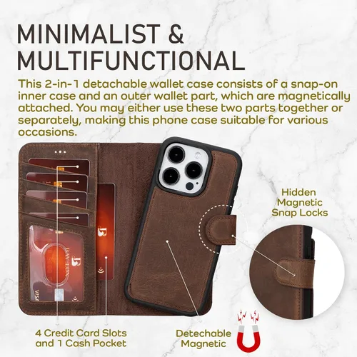 Miniatura 3 de Bayelon Funda tipo cartera para iPhone 15 Pro, cartera de cuero de grano completo, funda magnética desmontable, tarjetero, funda tipo cartera