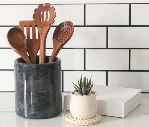 Miniatura 3 de HillSpring Soporte para utensilios de cocina de mármol negro, organizador de utensilios con peso para encimera, cubo enfriador de vino con base