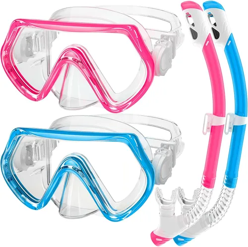Miniatura 8 de 2 juegos de equipo de esnórquel para niños de 3 a 14 años, antivaho 180° Clear View Dry Top Snorkel Set, máscara de natación con cubierta nasal