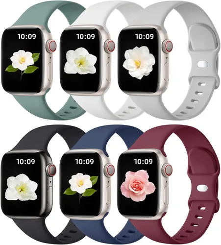 Maledan Paquete de 6 correas compatibles con Apple Watch de 38mm 40mm 41mm 42mm 44mm 45mm 46mm 49mm, mujeres y hombres, correa deportiva de silicona
