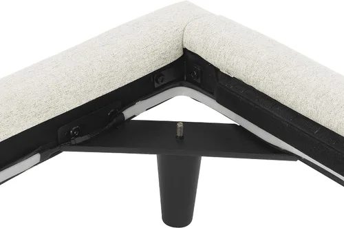 Miniatura 7 de Cama de plataforma flotante, marco de cama de madera tamaño individual con rayas claras, tela de lino suave y cabecera de diseño capitoné