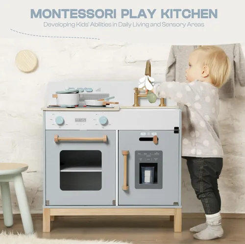 Miniatura 4 de ROBOTIME Juego de cocina para niños pequeños, juego de cocina de madera para niños con luces y sonidos reales, dispensador de cubitos de hielo, Azul