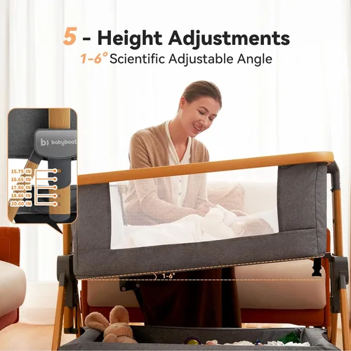Miniatura 2 de babyboat Moisés de cabecera para bebé 3 en 1, plegable, portátil, con cesta de almacenamiento, ruedas movibles, 5 alturas ajustables para bebé Gris