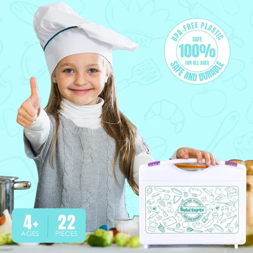 Miniatura 7 de Juegos de cocina para niños, juego de cocina y hornear con estuche de almacenamiento, cuchillos seguros para niños, tabla de cortar, delantal, libro