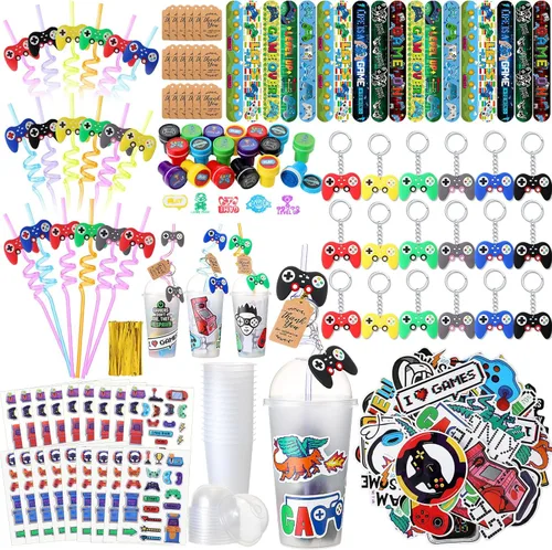 Lenwen Juego de 128 piezas de recuerdos de fiesta de videojuegos, incluye popotes reutilizables para jugadores, tazas 3D, calcomanías hinchadas en