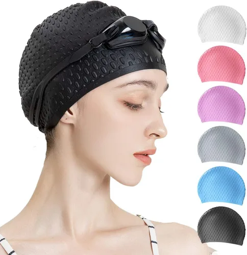 Miniatura 19 de Tripsky Gorro de natación de silicona, gorro de baño cómodo ideal para cabello rizado corto, mediano y largo, gorro de natación para mujeres y Very