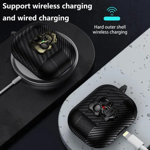 Miniatura 4 de Funda para AirPods Pro de 2ª generación, calavera con cerradura y llavero para hombres, divertida fibra de carbono de cuerpo completo, a prueba