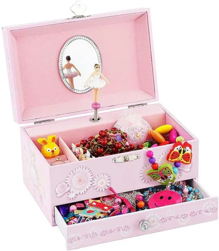 Miniatura 5 de RR ROUND RICH DESIGN - Joyero musical para niñas con cajón y juego de joyas con tema de bailarina, melodía de “El lago de los cisnes”, color rosado
