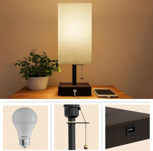 Miniatura 4 de Lavish Home Juego de lámpara de mesa pequeña con base de madera, juego de 2 luces rectangulares modernas con bombilla LED que incluye decoración