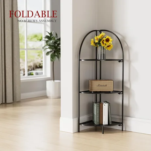 Miniatura 2 de Crofy Estante esquinero plegable de 3 niveles, soporte de esquina de metal para plantas con marco negro y estantes negros, estante de exhibición