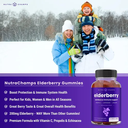 Miniatura 3 de NutraChamps Gomitas de saúco con vitamina C, propóleo y equinácea, vitaminas gomosas de apoyo del sistema inmunológico para adultos y niños, fuerza