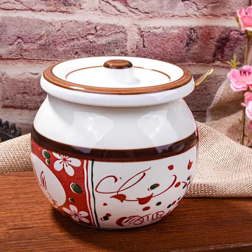 Miniatura 5 de Azucarero de cerámica de estilo japonés con tapa y cuchara, tarro decorativo de condimentos pintado a mano de 4.3 pulgadas para sal, especias