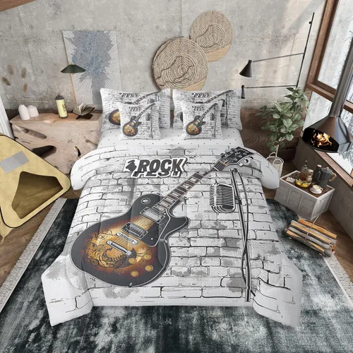 Miniatura 29 de Erosebridal Juego de edredón de 7 piezas con diseño de piano, cama Queen en una bolsa, juego de ropa de cama retro con notación musical de guitarra