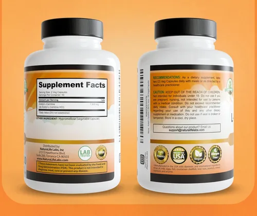 Miniatura 7 de NaturaLife Labs Acetil L-carnitina (ALCAR) 1500 mg por porción – 100 cápsulas – Sin OMG, sin gluten, vegano
