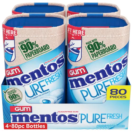 Miniatura 4 de Mentos Pure Fresh Goma de mascar sin azúcar, con xilitol, menta fresca (Fresh Mint), botella de 80 unidades, botella reciclable de 90% cartón, 80