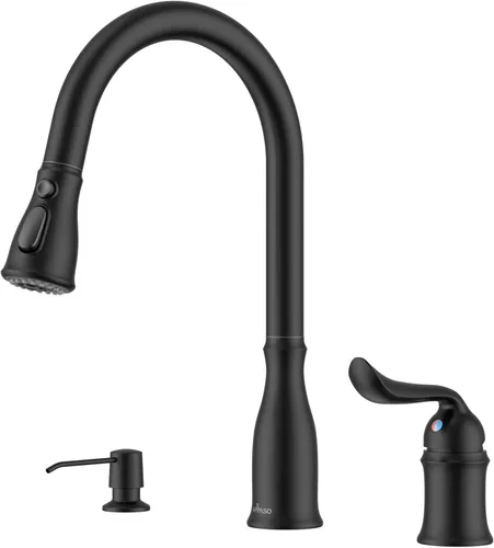 APPASO Grifo de cocina de 3 agujeros con rociador extraíble, grifos de cocina con dispensador de jabón, 3 piezas de grifo de fregadero de cocina con