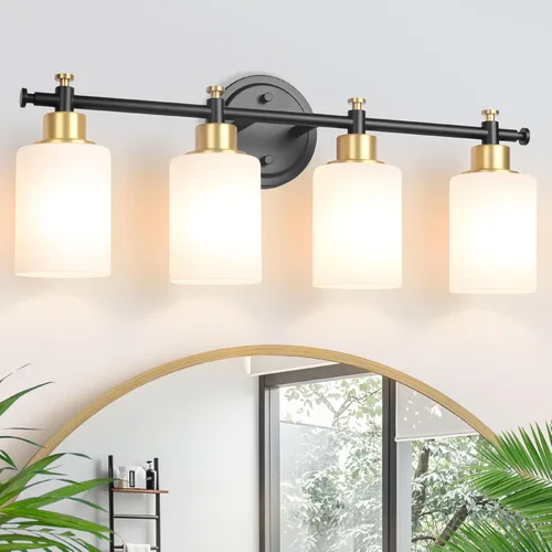 Miniatura 13 de Lámparas de baño negras de 3 luces, modernas luces de tocador sobre el espejo, apliques de pared de baño con pantalla de vidrio blanco, enchufe E26