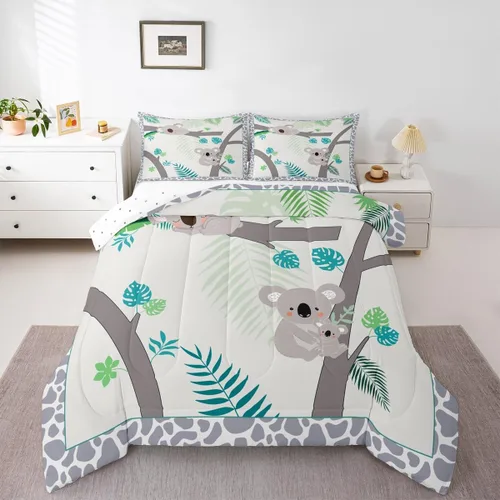 Miniatura 5 de Homewish Juego de edredón Kawaii Koala, juego de ropa de cama con hojas tropicales para niños, niñas y mujeres, edredón acolchado con hojas de palma
