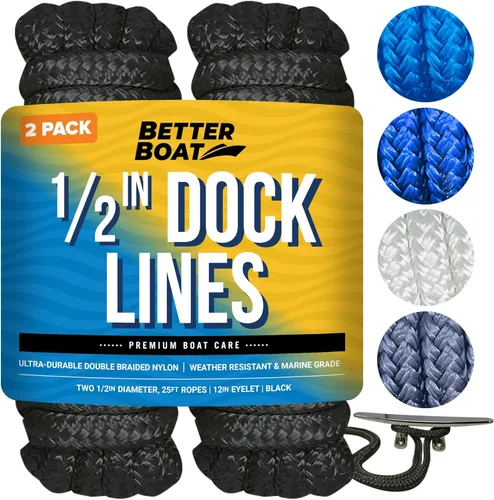 Líneas de muelle para barcos de 1/2 pulgada x 25 pies, paquete de 2 cuerdas de nailon trenzado doble con bucle de 12 pulgadas, línea de amarre de