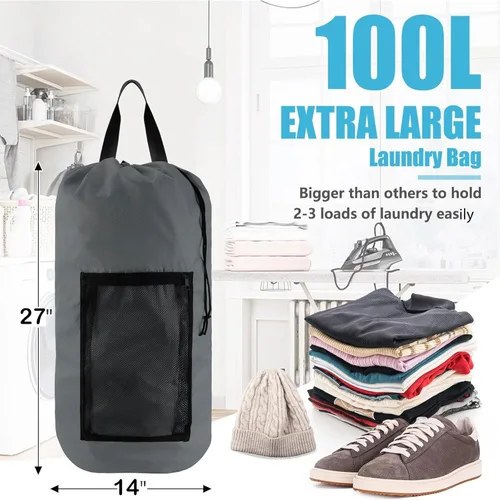 Miniatura 5 de Bolsa de lavandería con correas para el hombro y bolsillo de malla, mochila de lavandería grande portátil para lavandería universitaria, apartamento