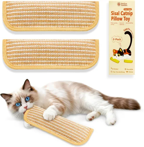 Sisal - Almohada de hierba gatera de juguete Kickers, paquete de 2 juguetes interactivos de hierba gatera con mezcla de hierbas orgánica de 8000 mg