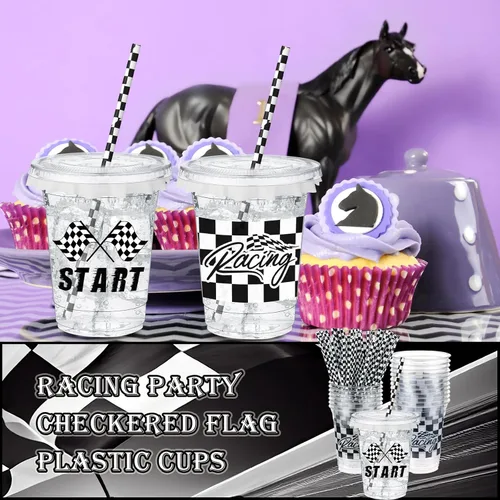 Miniatura 6 de FoldTier 50 vasos de plástico para fiestas de carreras a cuadros, 12 onzas, color blanco y negro, con bandera a cuadros transparentes con pajitas