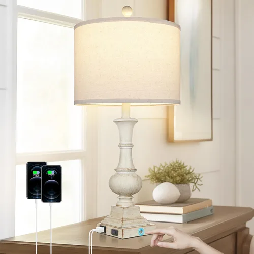 Miniatura 9 de 26" Farmhouse Table Lamp, Vintage Rustic Touch Control Bedside Lamp with 2 USB Ports & AC Outlet, Boho Resin 3-Way Dimmable Nightstand Lamp Linen