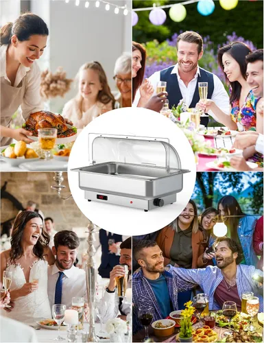 Miniatura 6 de GarveeHome Juego de bufé eléctrico de acero inoxidable con tapa enrollable con 1 sartén de 9 cuartos de galón, control de temperatura de 400 W
