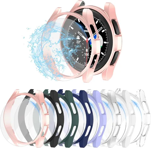 Paquete de 8+8 protectores de pantalla para Samsung Galaxy Watch 6 de 1.693 in y funda, película protectora de vidrio templado antivaho y