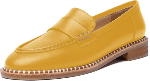 Miniatura 17 de FOGEENA Mocasines de cuero mate para mujer, estilo casual, sin cordones, punta redonda, tacón bajo grueso, zapatos de vestir de 1 pulgada