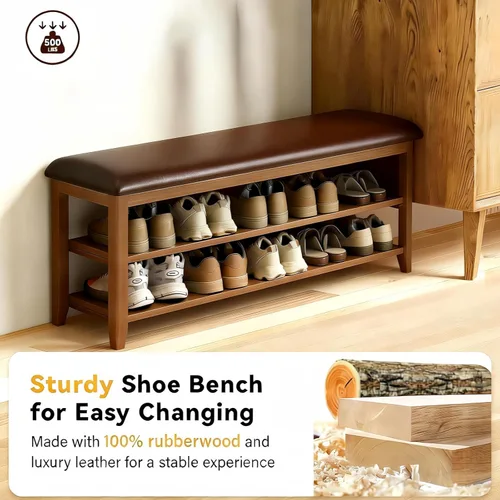 Miniatura 5 de Banco de zapatos con cojín de cuero, banco de entrada de madera maciza rústica con 2 estantes ajustables en altura y extraíbles para pasillo, sala